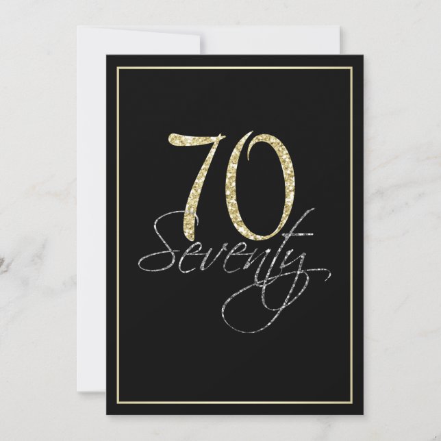 Invitación Fiesta de cumpleaños 70 de plata formal negra y or (Anverso)
