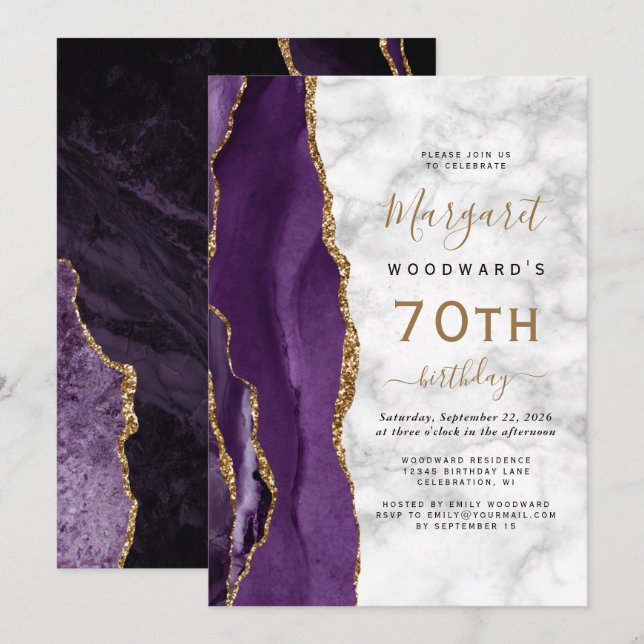 Invitación Fiesta de cumpleaños 70 de Purple Gold Agate Marbl (Anverso / Reverso)