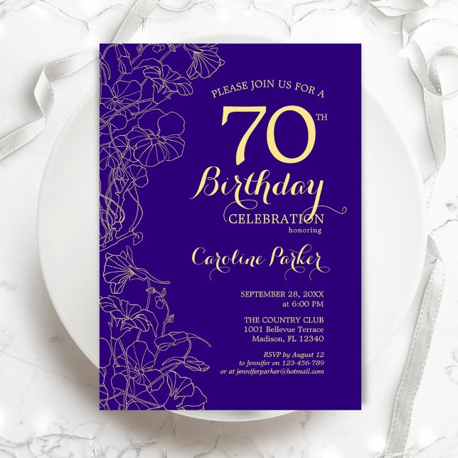 Invitación Fiesta de cumpleaños 70 de Purple Gold Floral (Subido por el creador)