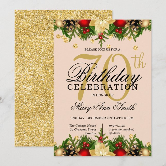 Invitación Fiesta de cumpleaños 70 de Purpurina de vacaciones (Anverso / Reverso)