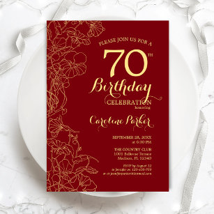 Invitación Fiesta de cumpleaños 70 de Red Gold Floral