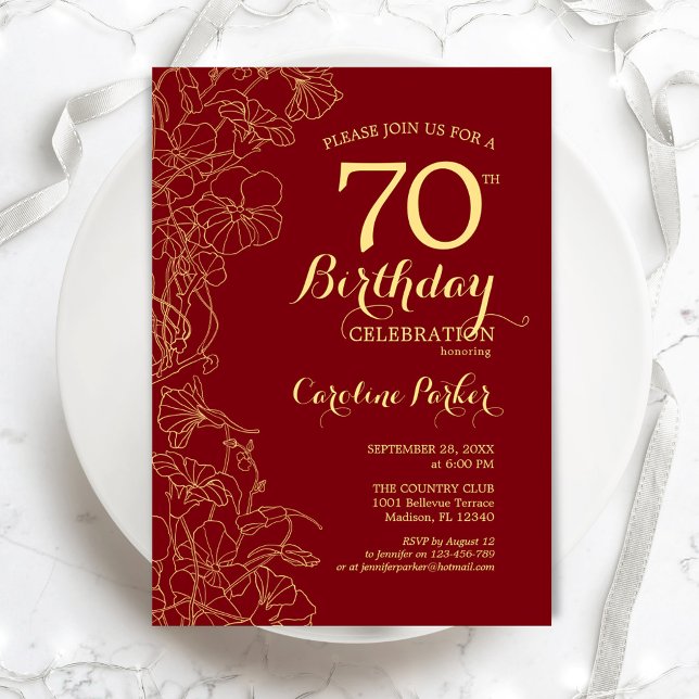 Invitación Fiesta de cumpleaños 70 de Red Gold Floral (Subido por el creador)