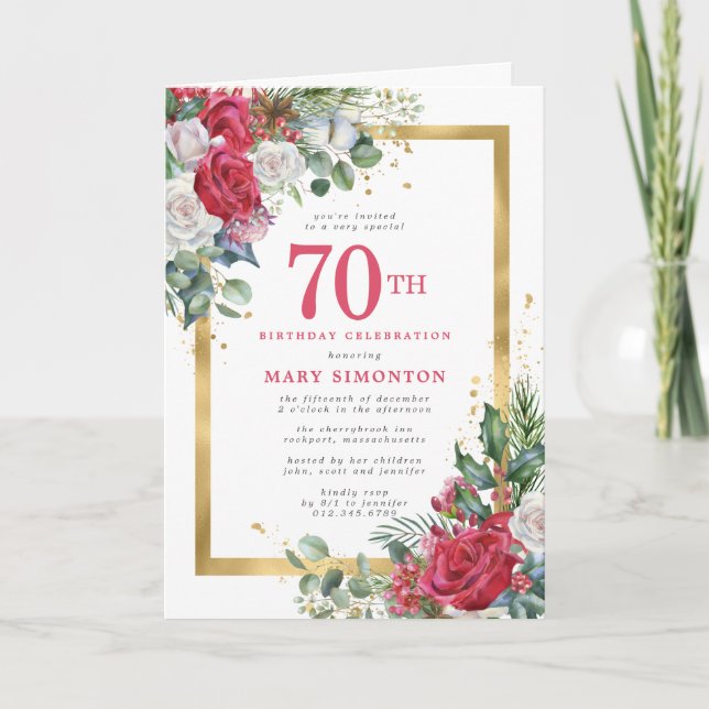 Invitación Fiesta de cumpleaños 70 de Red Rose Gold Holly (Anverso)