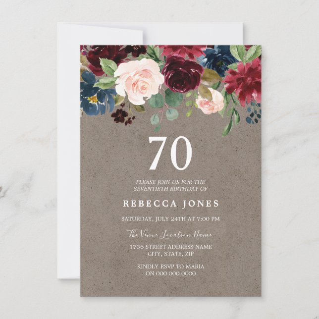 Invitación Fiesta de cumpleaños 70 de Red Wine Burgundy Flora (Anverso)