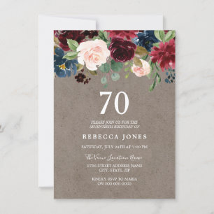 Invitación Fiesta de cumpleaños 70 de Red Wine Burgundy Flora
