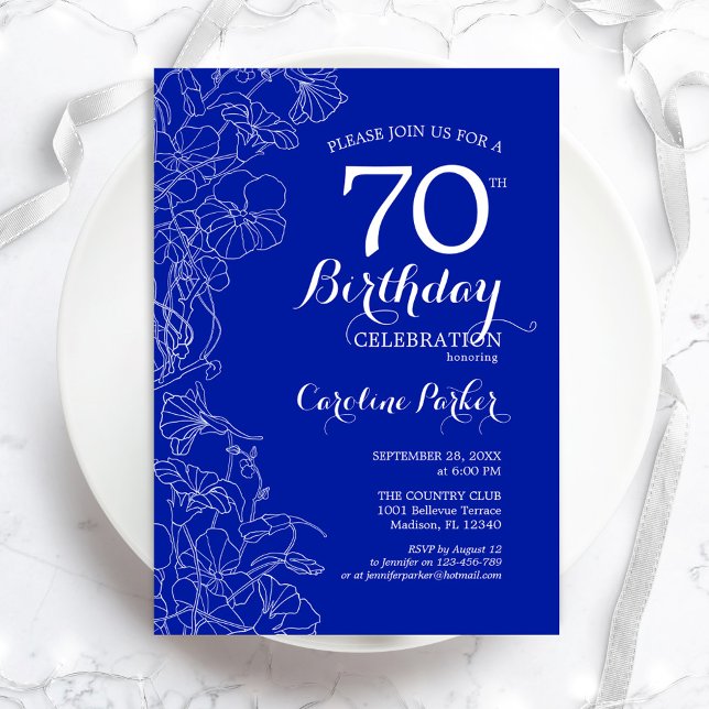 Invitación Fiesta de cumpleaños 70 de Royal Blue Floral (Subido por el creador)