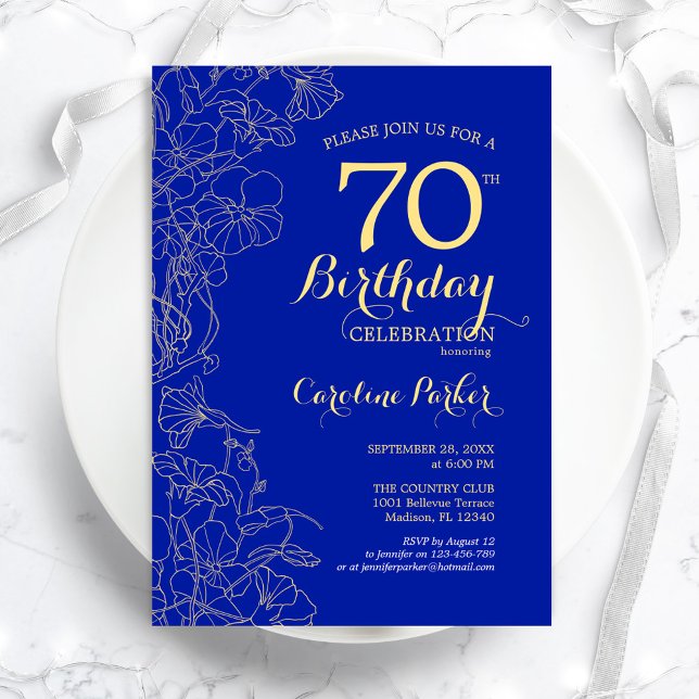 Invitación Fiesta de cumpleaños 70 de Royal Blue Gold Floral (Subido por el creador)