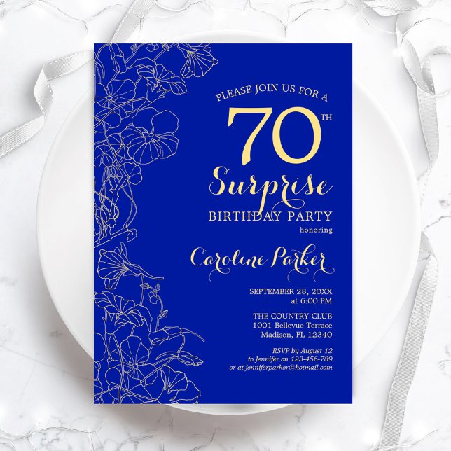 Invitación Fiesta de cumpleaños 70 de Royal Blue Gold Surpris (Subido por el creador)
