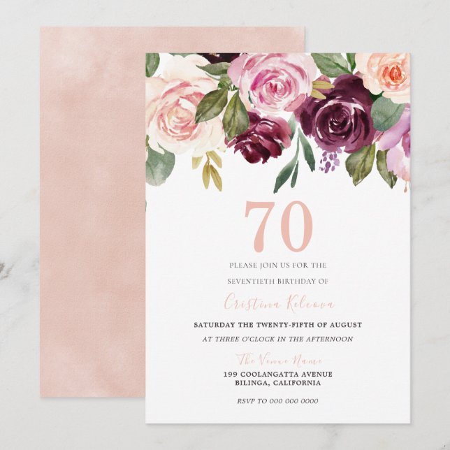 Invitación Fiesta de cumpleaños 70 de Rubor Peach & Burgundy (Anverso / Reverso)