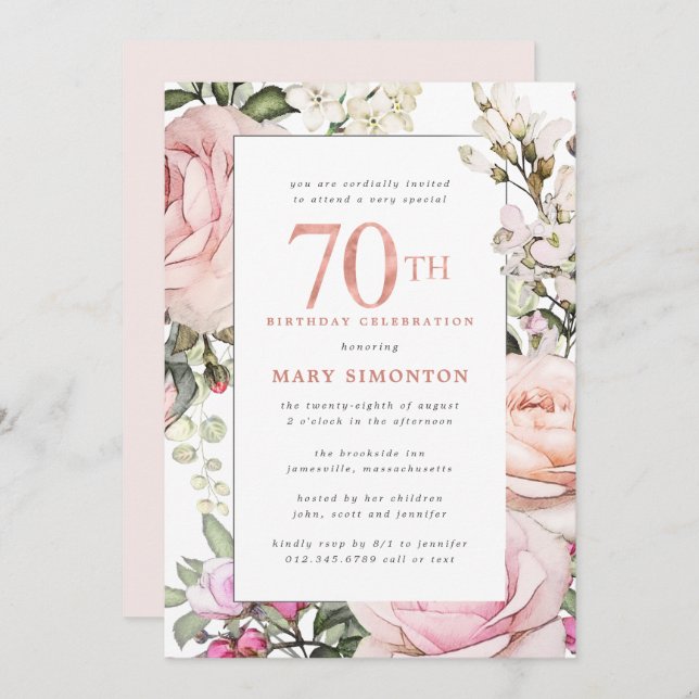 Invitación Fiesta de cumpleaños 70 de Rubor Pink Floral (Anverso / Reverso)