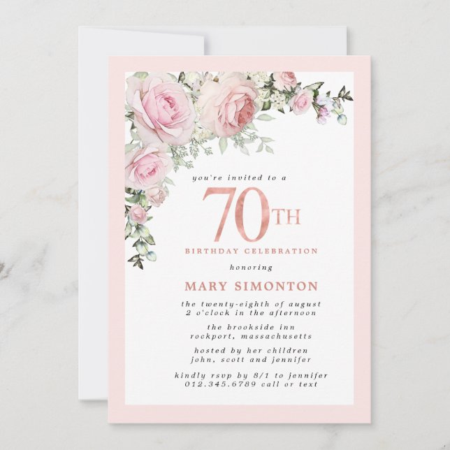 Invitación Fiesta de cumpleaños 70 de Rubor Pink Gold Floral (Anverso)
