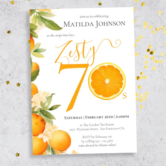 Invitación Fiesta de cumpleaños 70 de Zesty Naranja (Mockup View)