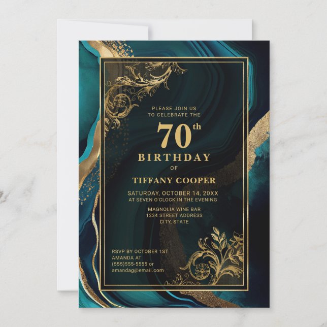Invitación Fiesta de cumpleaños 70 del oro verde azulado (Anverso)