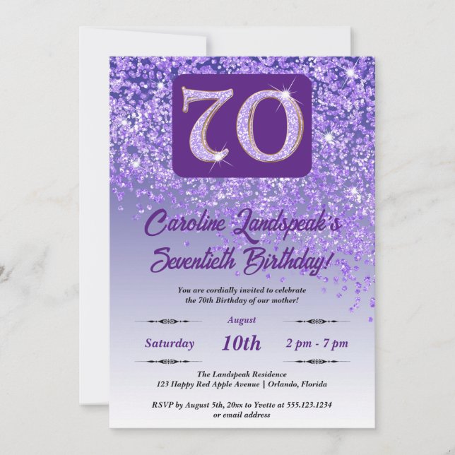 Invitación Fiesta de cumpleaños 70 del Purpurina Morado que c (Anverso)