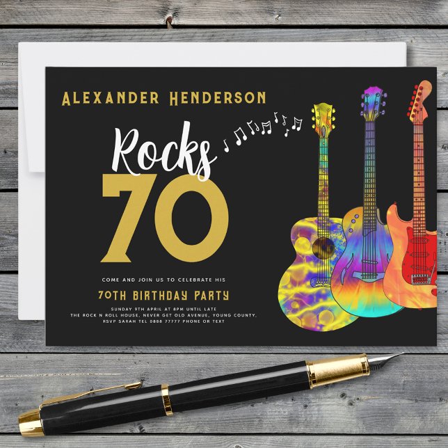 Invitación Fiesta de cumpleaños 70 del Rock and Roll (Rock and roll 70th birthday party black and gold invitation )