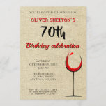 Invitación Fiesta de cumpleaños 70 del Vino Rojo Rústico<br><div class="desc">Invitación a la fiesta de cumpleaños número 80 de la copa de vino rojo rústico. Invitación a la fiesta de cumpleaños número 70 para él. Invitación con una copa de vino tinto en un ambiente rústico beige. El texto está en color blanco y rojo y es totalmente personalizable - personalizarlo...</div>