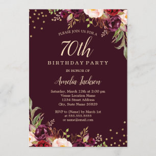 Invitación Fiesta de Cumpleaños 70 Dorado Borgoña Floral Bril