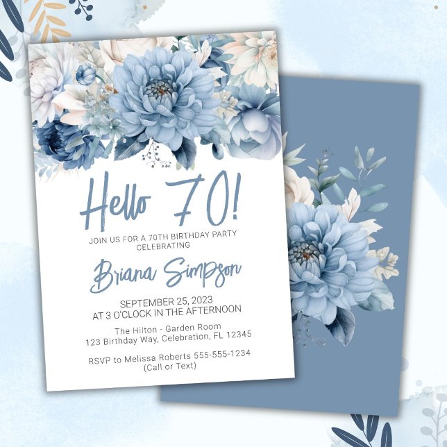 Invitación Fiesta de cumpleaños 70 Dusty Blue Floral (Subido por el creador)