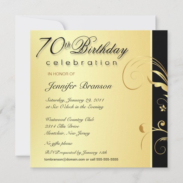 Invitación Fiesta de cumpleaños 70 - Elegant Gold Floral invi (Anverso)