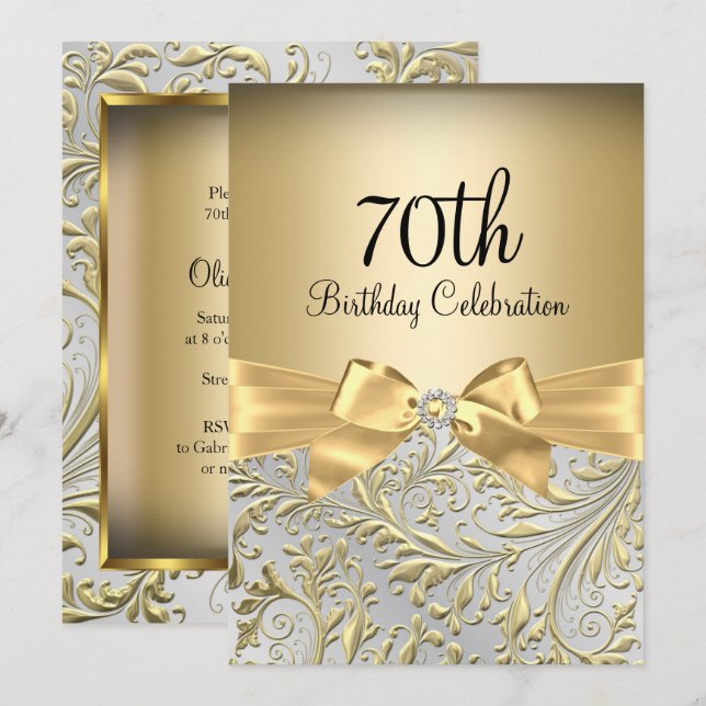 Invitación Fiesta de Cumpleaños 70 Elegante Arco de Oro con R (Anverso / Reverso)