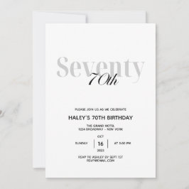 Invitación Fiesta de cumpleaños 70 Elegante Chic Negro y Blan