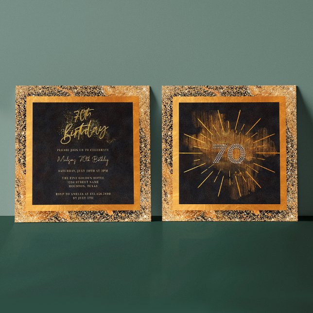 Invitación Fiesta de Cumpleaños 70 Elegante con Brillo Negro  (Front / Back)