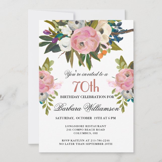 Invitación Fiesta de Cumpleaños 70 Elegante con Flores Pintad (Anverso)