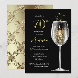 Invitación Fiesta de cumpleaños 70 elegante damasco negro dor