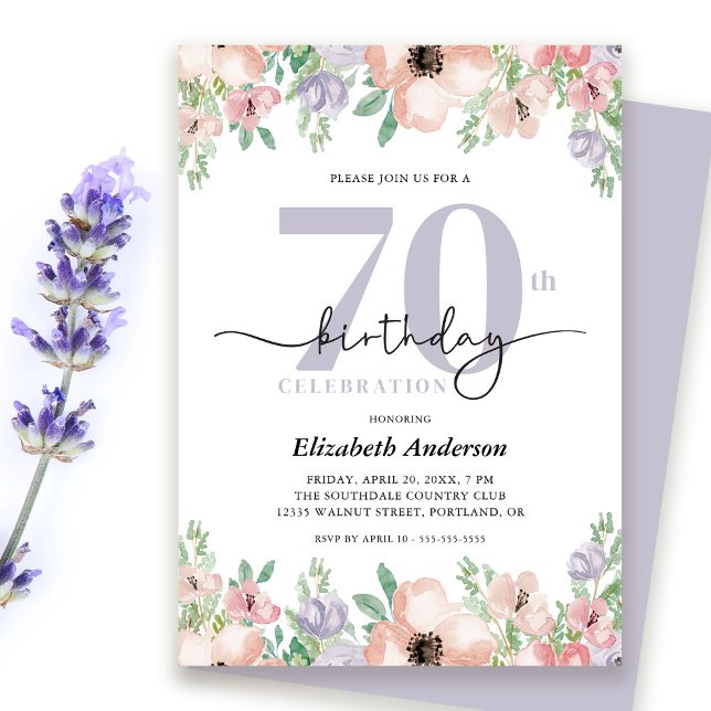 Invitación Fiesta de cumpleaños 70 elegante floral pastel (Subido por el creador)