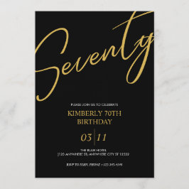 Invitación Fiesta de cumpleaños 70 elegante negro y dorado