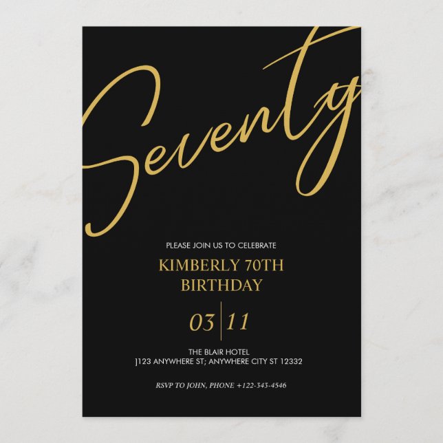 Invitación Fiesta de cumpleaños 70 elegante negro y dorado (Anverso)