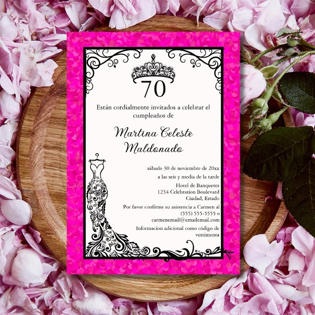 Invitación Fiesta de Cumpleaños 70 Elegante Rosa Fucsia Negro (Subido por el creador)