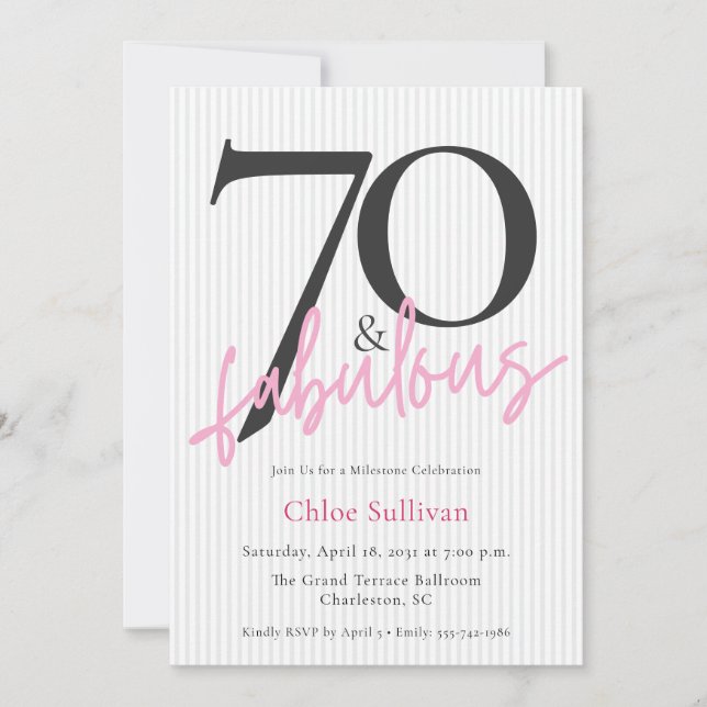 Invitación Fiesta de cumpleaños 70 & Fabuloso con letra rosa (Anverso)