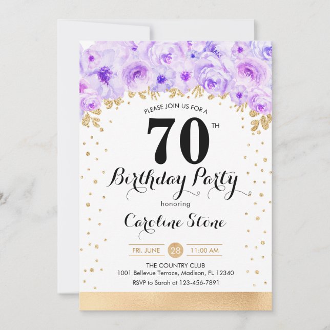 Invitación Fiesta de cumpleaños 70 - Flores moradas de oro (Anverso)