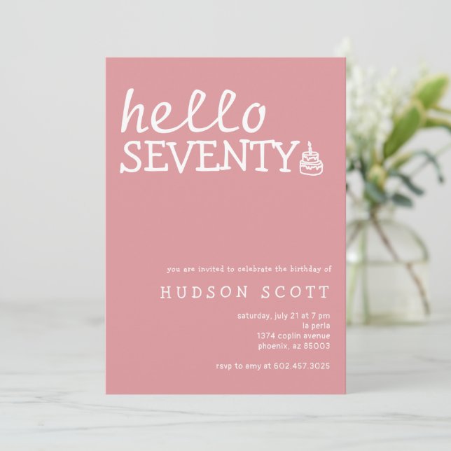 Invitación Fiesta de cumpleaños 70 Hola a setenta rosados mod (Anverso de pie)