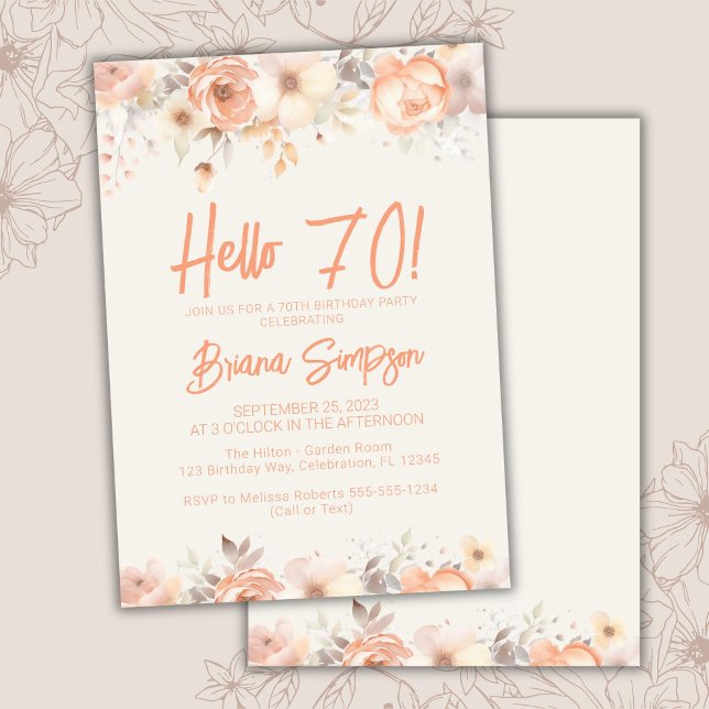 Invitación Fiesta de cumpleaños 70 melocotón beige floral mar (Subido por el creador)