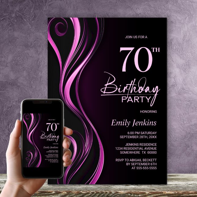 Invitación Fiesta de cumpleaños 70 moderno de negro y rosa (Subido por el creador)