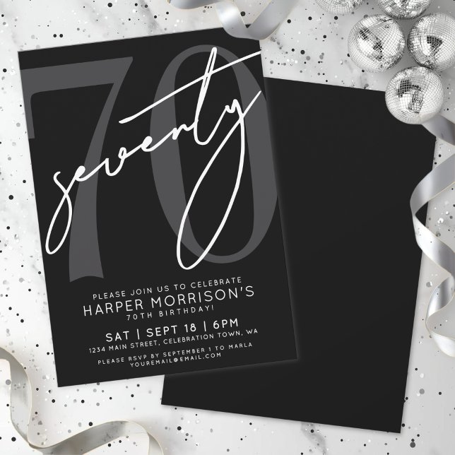 Invitación Fiesta de cumpleaños 70 moderno negro (Black Modern 70th Birthday Party Invitation )
