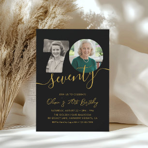 Invitación Fiesta de cumpleaños 70 moderno negro y dorado 2 f