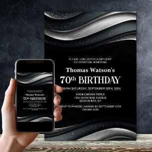 Invitación Fiesta de cumpleaños 70 moderno negro y plata