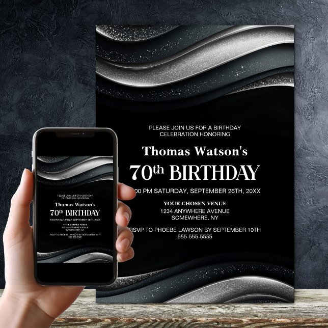 Invitación Fiesta de cumpleaños 70 moderno negro y plata (Subido por el creador)
