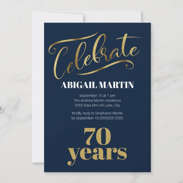 Invitación Fiesta de cumpleaños 70 Navy Azul Dorado Blanco (Anverso)