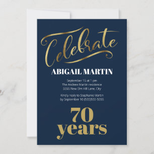 Invitación Fiesta de cumpleaños 70 Navy Azul Dorado Blanco