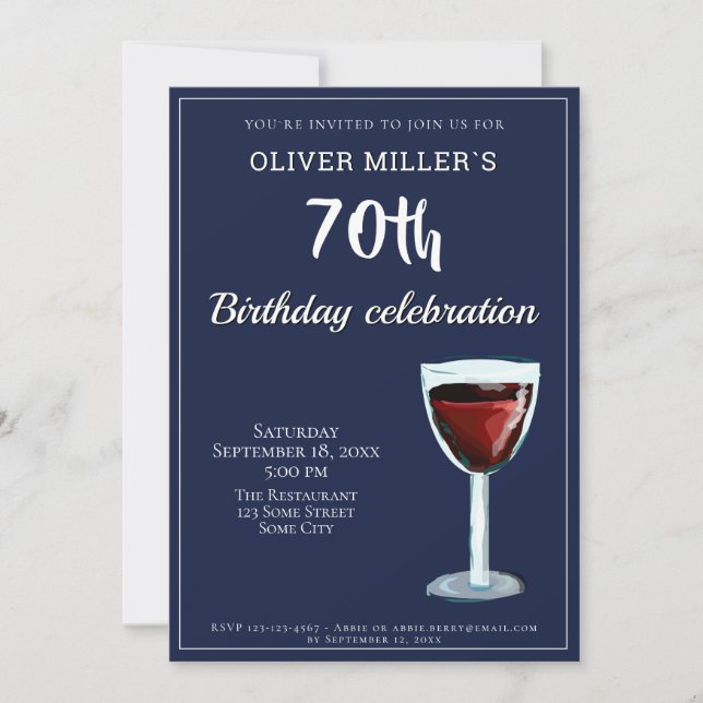 Invitación Fiesta de cumpleaños 70 Navy Blue Vino Tinto (Anverso)