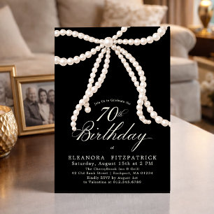 Invitación Fiesta de cumpleaños 70 negro blanco Coquette lazo
