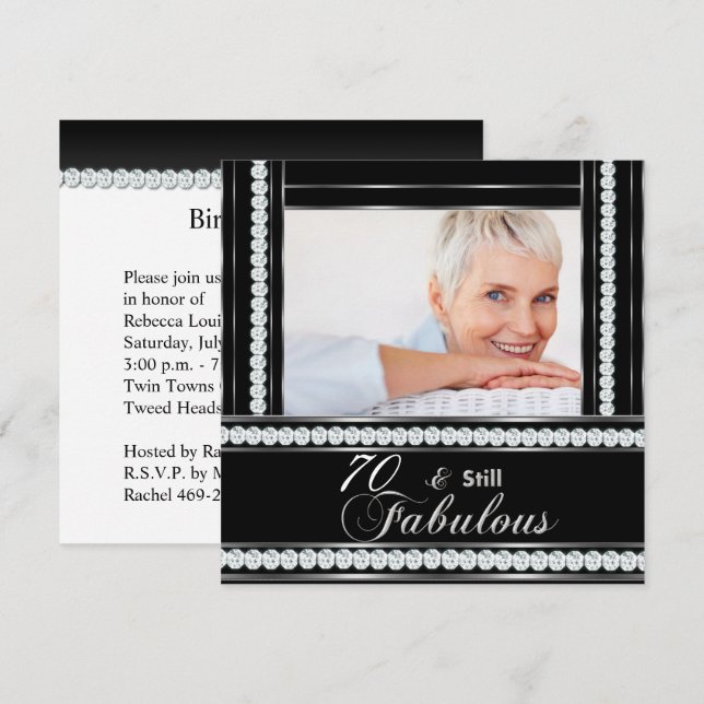 Invitación Fiesta de cumpleaños 70 negro blanco plata diamant (Anverso / Reverso)