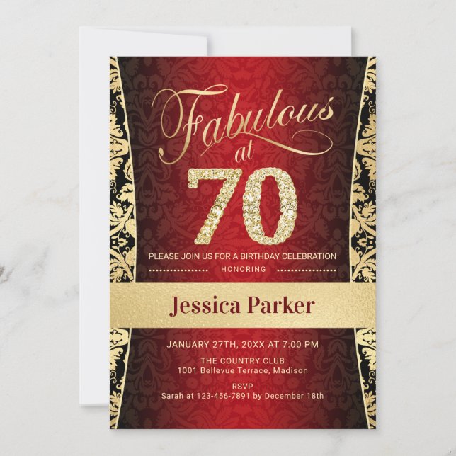 Invitación Fiesta de cumpleaños 70 - Negro rojo dorado (Anverso)