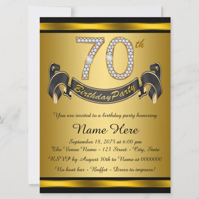 Invitación Fiesta de cumpleaños 70 negro y dorado (Anverso)