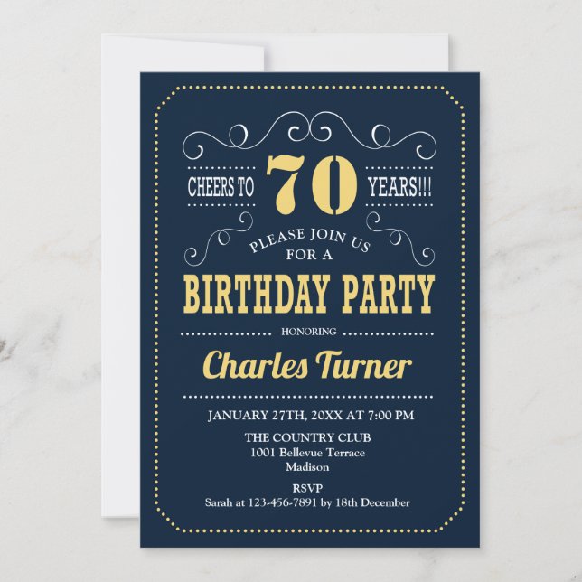 Invitación Fiesta de cumpleaños 70 - Oro de la Marina (Anverso)