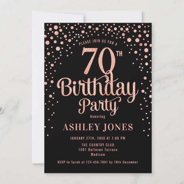 Invitación Fiesta de cumpleaños 70 - Oro negro y Rosa (Anverso)